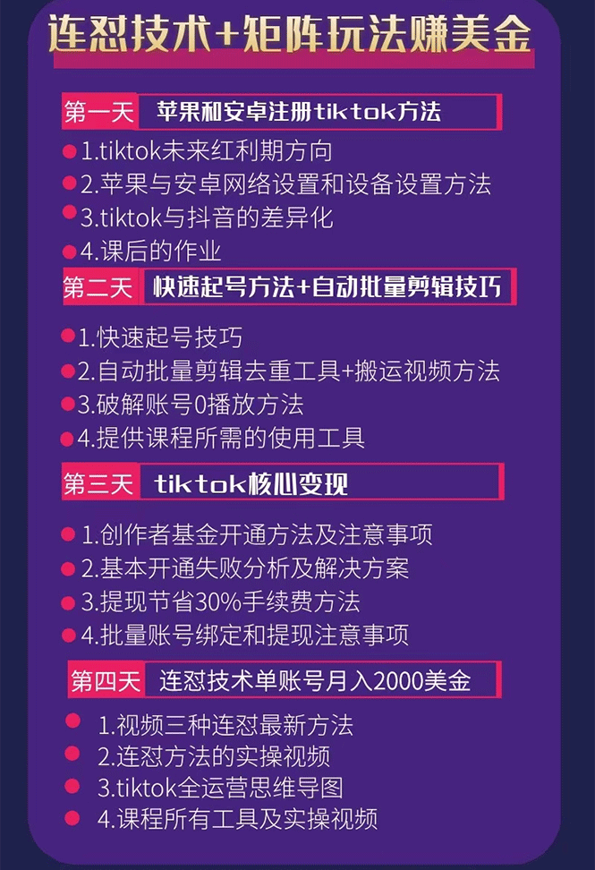 （1708期）tiktok变现四天实战班：连怼技术+矩阵玩法赚,单账号月入2000美金(实操视频)